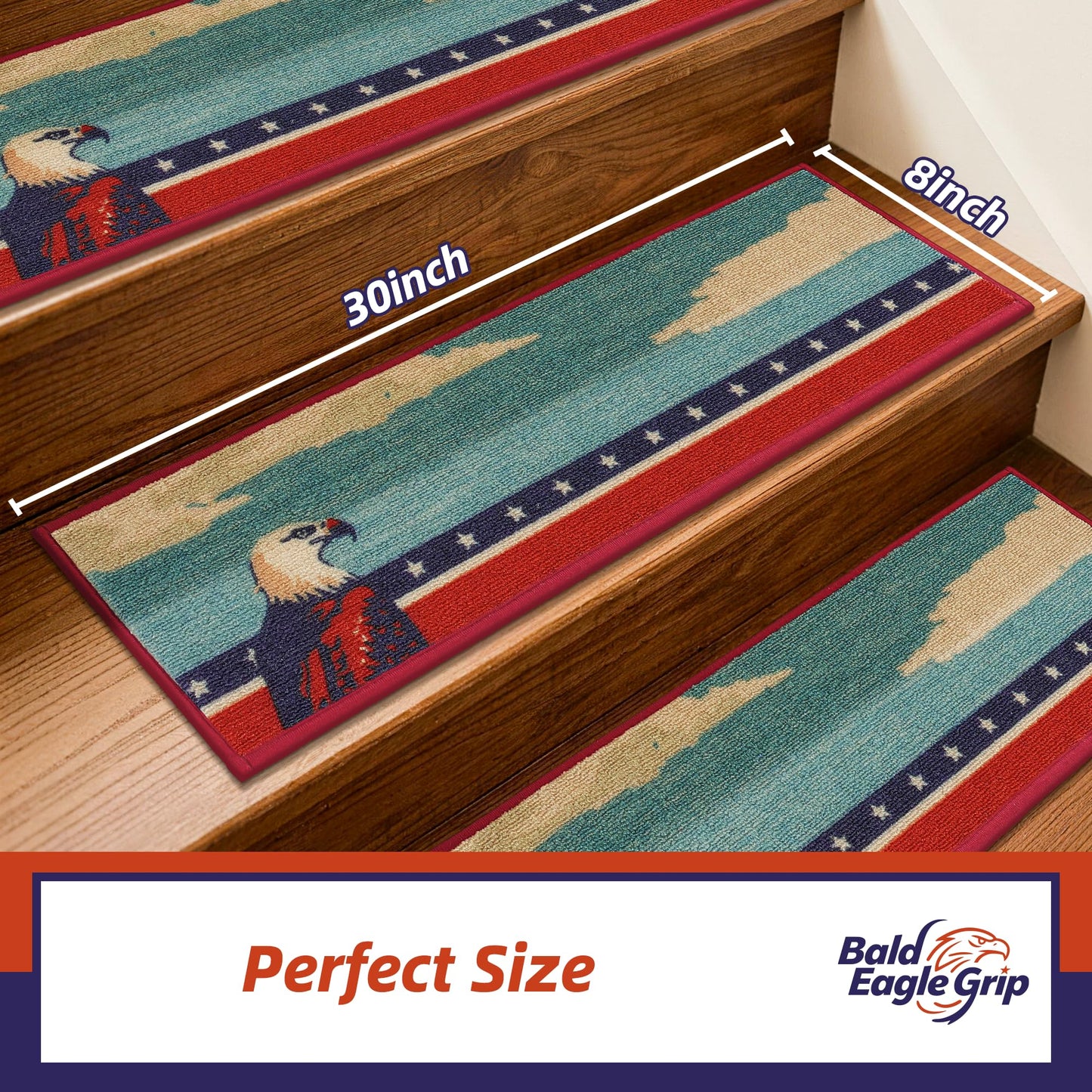 250th Anniversary Stair Treads for Wooden Steps Non Slip 8x30, Stair Carpet Treads with Patented TPE Grip, Machine Washable Stair Pads for Wood Stairs Indoor, Blad Eagle Pattern, 4 Pack