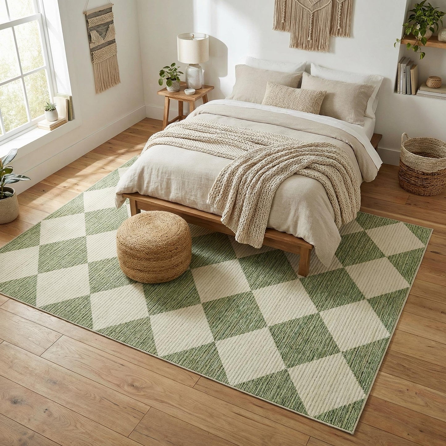 GarveeHome 5x7 Modern Checkered Area Rug, Sage Green Washable Rugs for Living Room Bedroom, Soft Low Pile Non Slip Diamond Floor Mat Plaid Print Throw Rug Indoor Carpet Dining Room Playroom