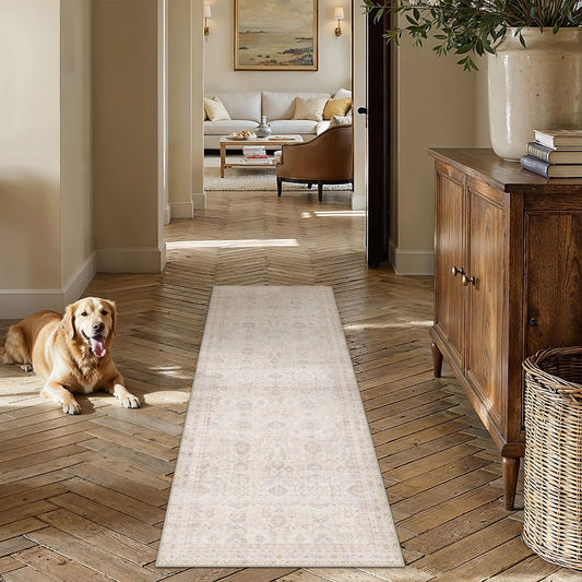 WondRg 2x6 Washable Neutral Hallway Runner Rug Kitchen Beige Modern Low Pile Non Slip Area Rug Soft Floral Stain Resistant Carpet Distressed Door Mat Entryway Bedroom Living Room Indoor Stair
