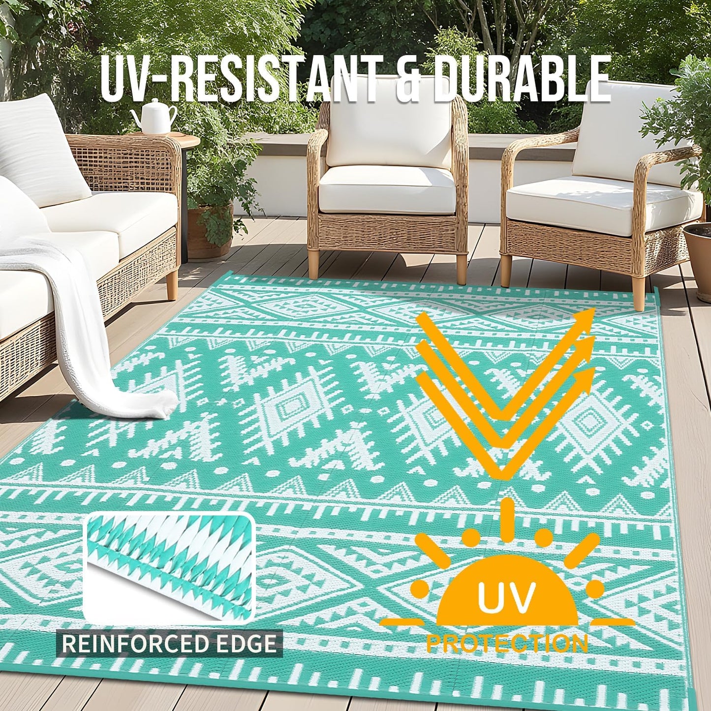 OLANLY Outdoor Rug Waterproof 9x12 ft, Reversible Outdoor Plastic Straw Rug, Boho Patio Rug, Indoor Outdoor Carpet, RV Mat Outside for Patio, Camp, Picnic, Balcony, Deck, Backyard, Turquoise & White