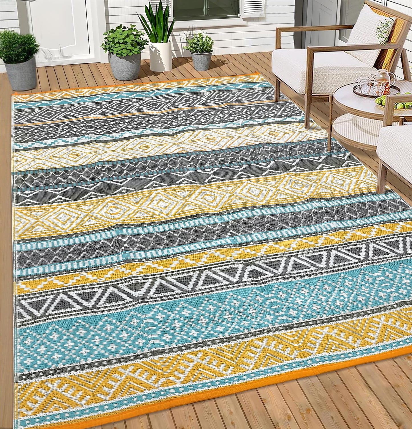 Garvee Outdoor Rug 9x18 Waterproo Large Outdoor Camping Rug Reversible Rv Patio Mats Black Gray Outdoor Plastic Straw Outdoor Rugs Clean Easily Large Patio Mat for RV, Deck, Camping, Yellow + Gray