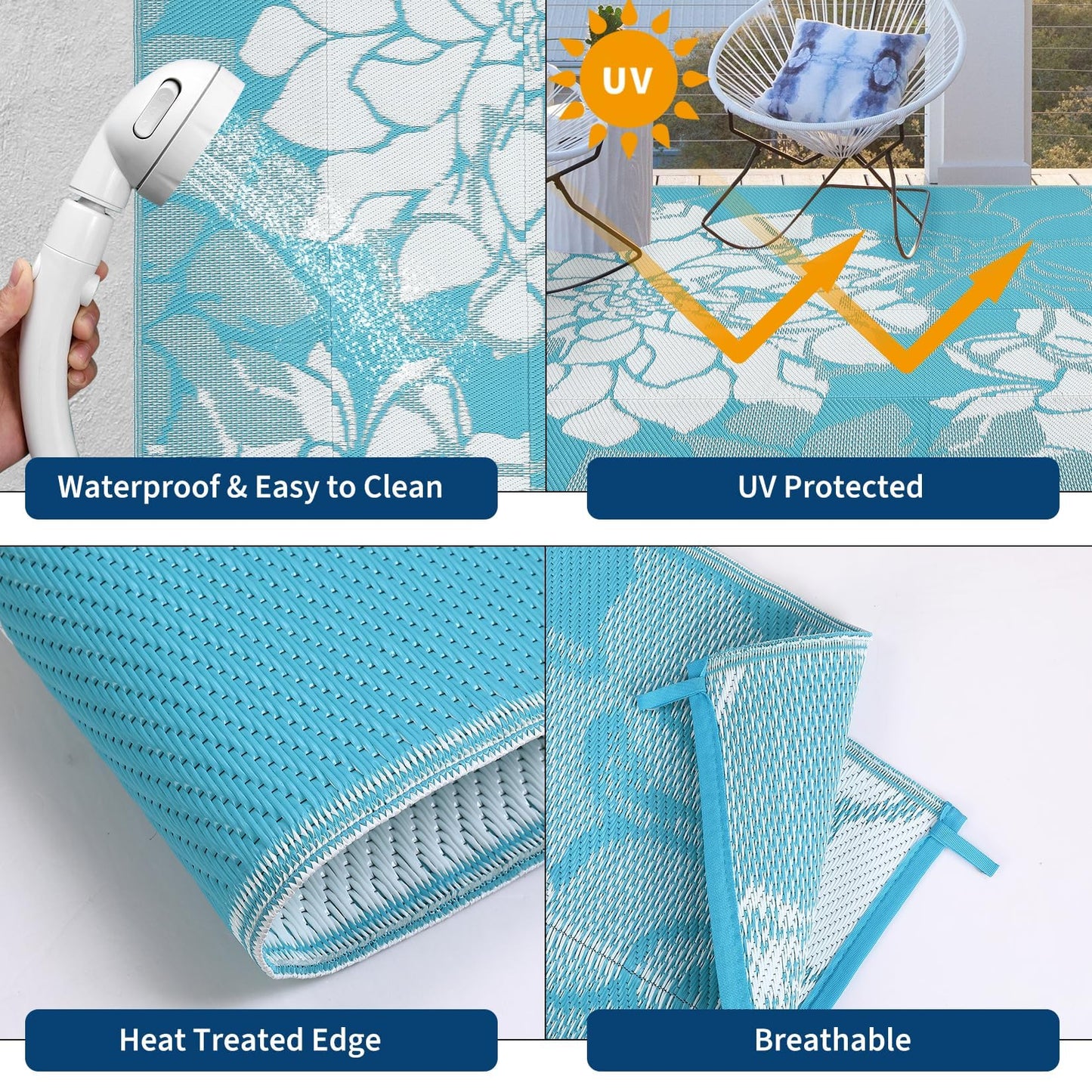 IDEALHOUSE Reversible Outdoor Rug, 320GSM Recycled Plastic Patio Rug, Lightweight Folding Camping Mat with Carry Bag and 4 Stakes, for RV, Picnic, Beach, Balcony, Light Blue White, 9x18 ft