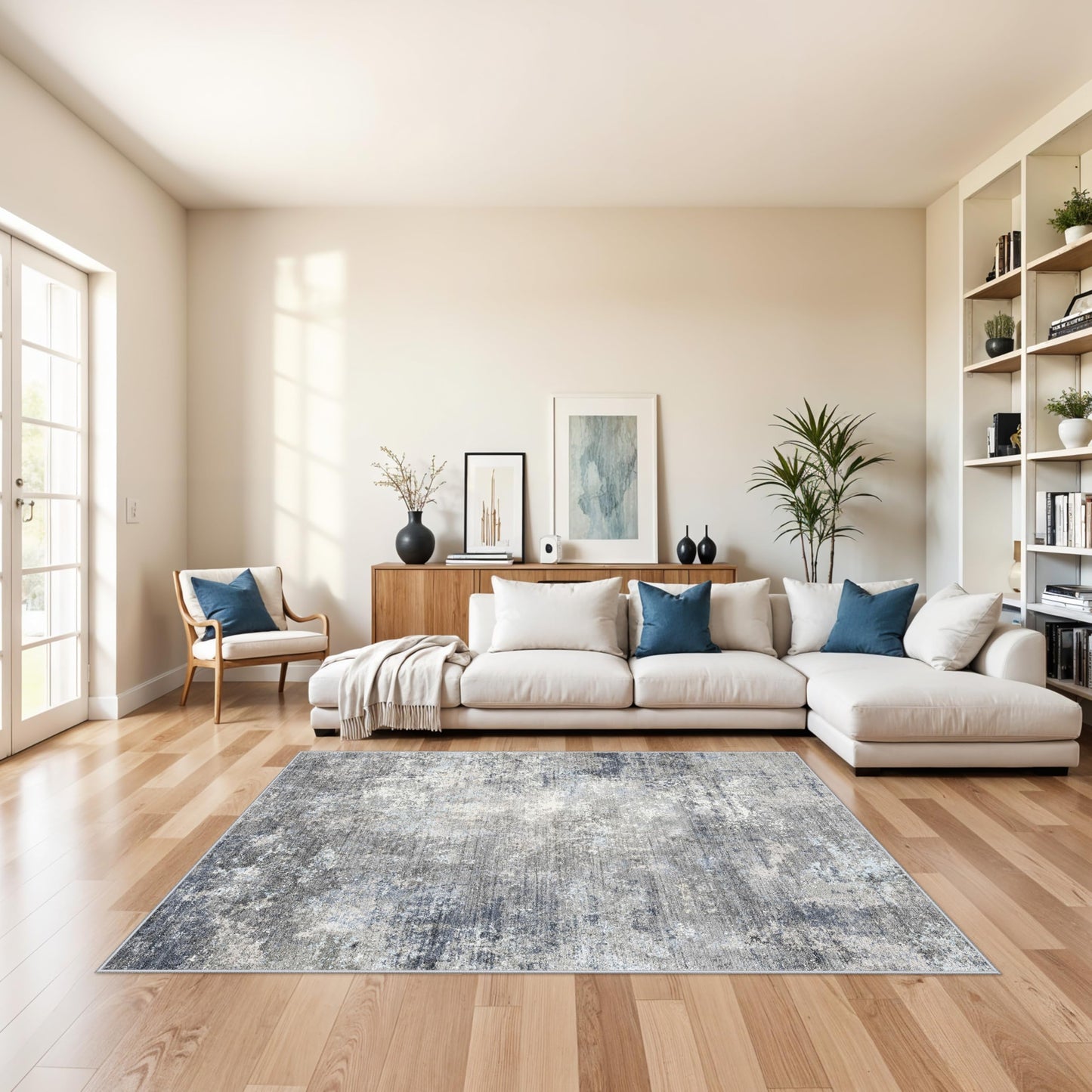 5x5 Rug Square for Living Room – Machine Washable Non-Slip Area Rug for Kitchen Entryway Bathroom – Modern Neutral Abstract Soft 5ft Indoor Carpet (Blue Grey, 5x5)