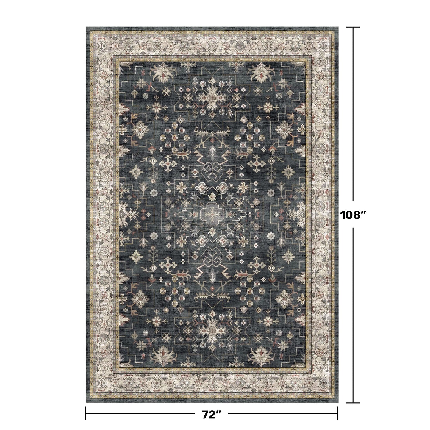 Boho Dining Room Rugs for Under Table - 6x9 Washable Black Area Rug For Living Room, Low Pile Non-Slip Rugs for Bedroom, Office - Charming Farmhouse Decor & Stain Resistance (6x9 Black/Multi)