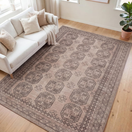 Kuden 6x9 Area Rug, Machine Washable Area Rug with Non-Slip Backing, Vintage Style, Soft, Easy Clean, Low Pile Rug for Living Room, Bedroom, Dining Room