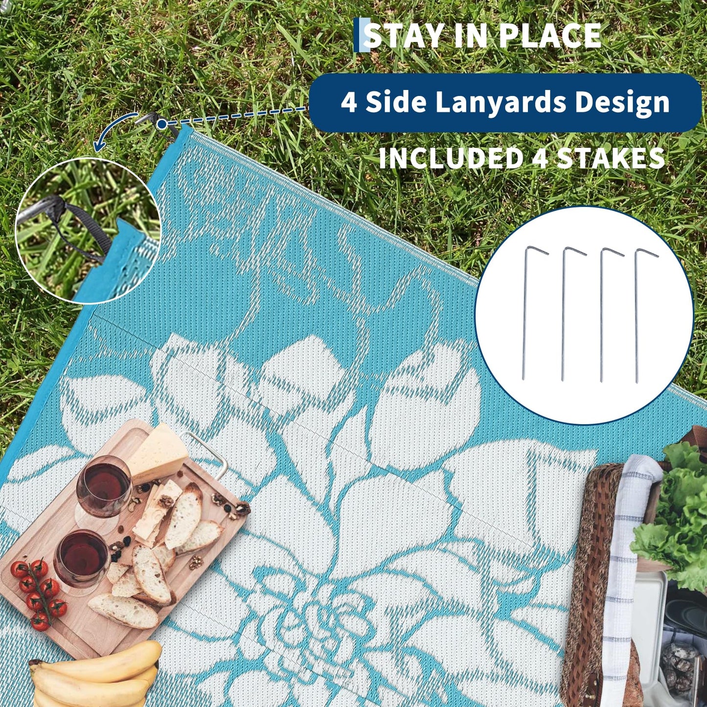 IDEALHOUSE Reversible Outdoor Rug, 320GSM Recycled Plastic Patio Rug, Lightweight Folding Camping Mat with Carry Bag and 4 Stakes, for RV, Picnic, Beach, Balcony, Light Blue White, 9x18 ft