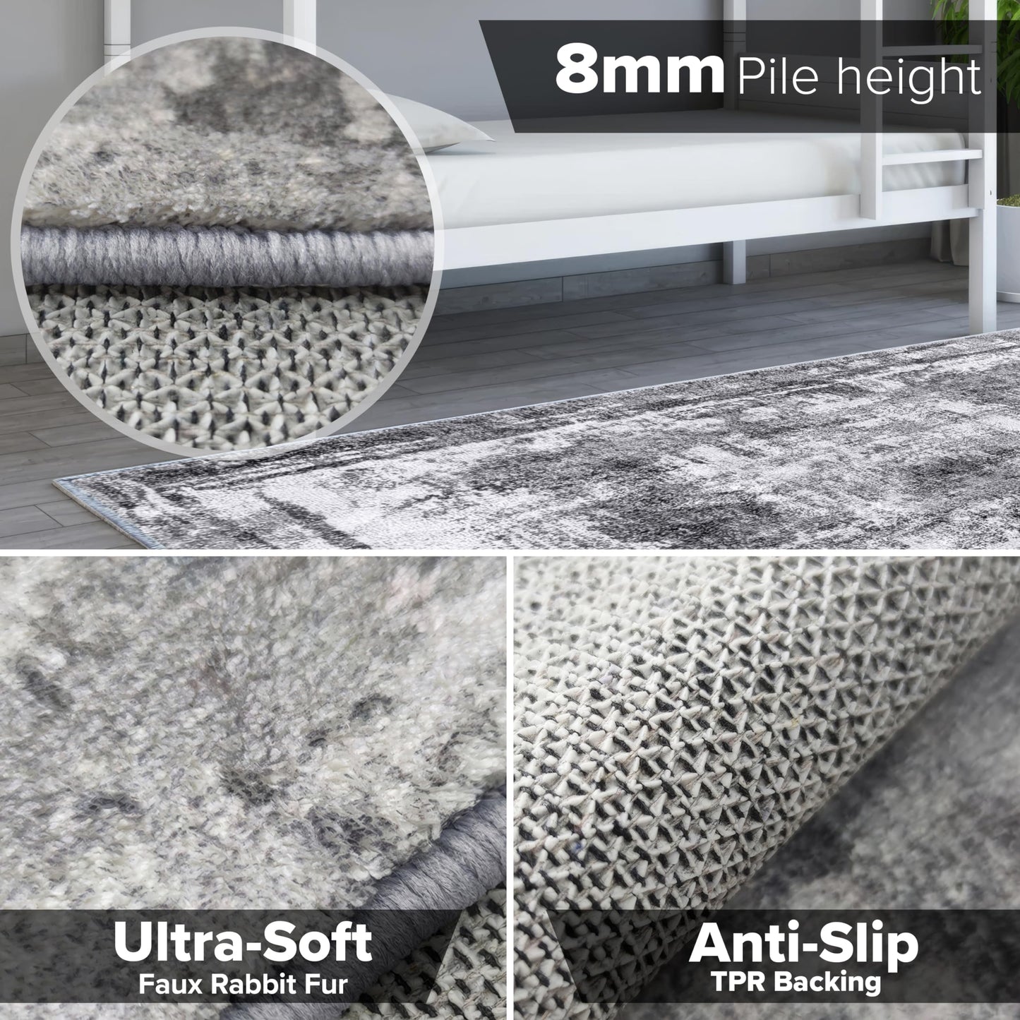 Hudson Comfort 5x7 Area Rug – Machine Washable & Pet-Friendly Rug for Living Room, Bedroom, Nursery, & Offices – Super Soft Faux Rabbit Rug - 8mm Pile Height - Anti-Slip TPR Backing (Gray)