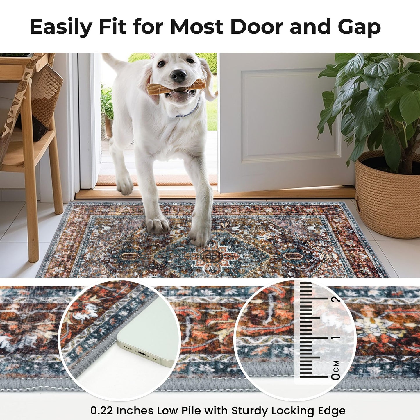 KOZYFLY Area Rug 3x14 Ft Washable Boho Runner Rug for Entryway Hallway Indoor Printed Faux Wool Carpet for Kitchen Bedroom Hall, Brick Red/Orange/Green