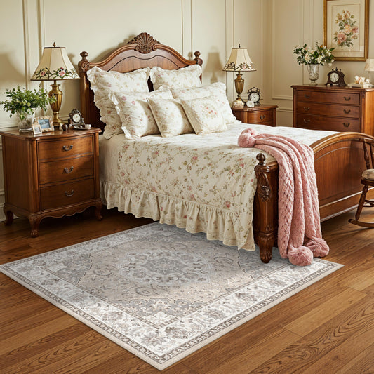 Washable 5x5 Square Area Rugs: Indoor Non-Slip Entryway Kitchen Rugs Oriental Stain-Resistant Bathroom Laundry Floor Mat Water Resistant Light Weight Carpet for Living Room Bedroom Nursery(5x5,Beige)