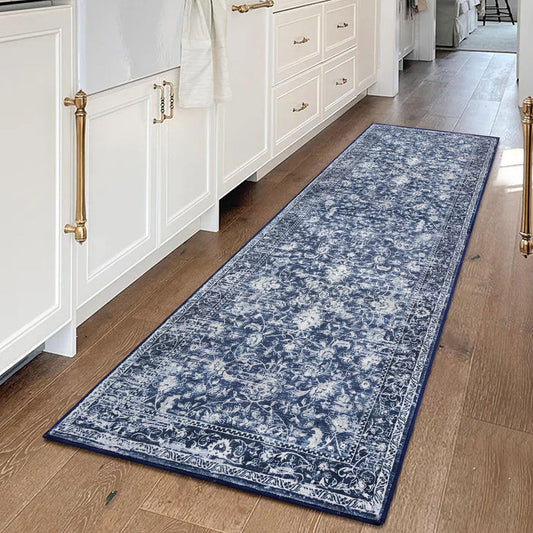 KILOCOCO Hallway Runner 2x5 Printed Vintage Floral Washable Kitchen Runner Rug Non-Slip Runners for Hallways Distressed Boho Runners for Bedroom Laundry Room, Navy Blue