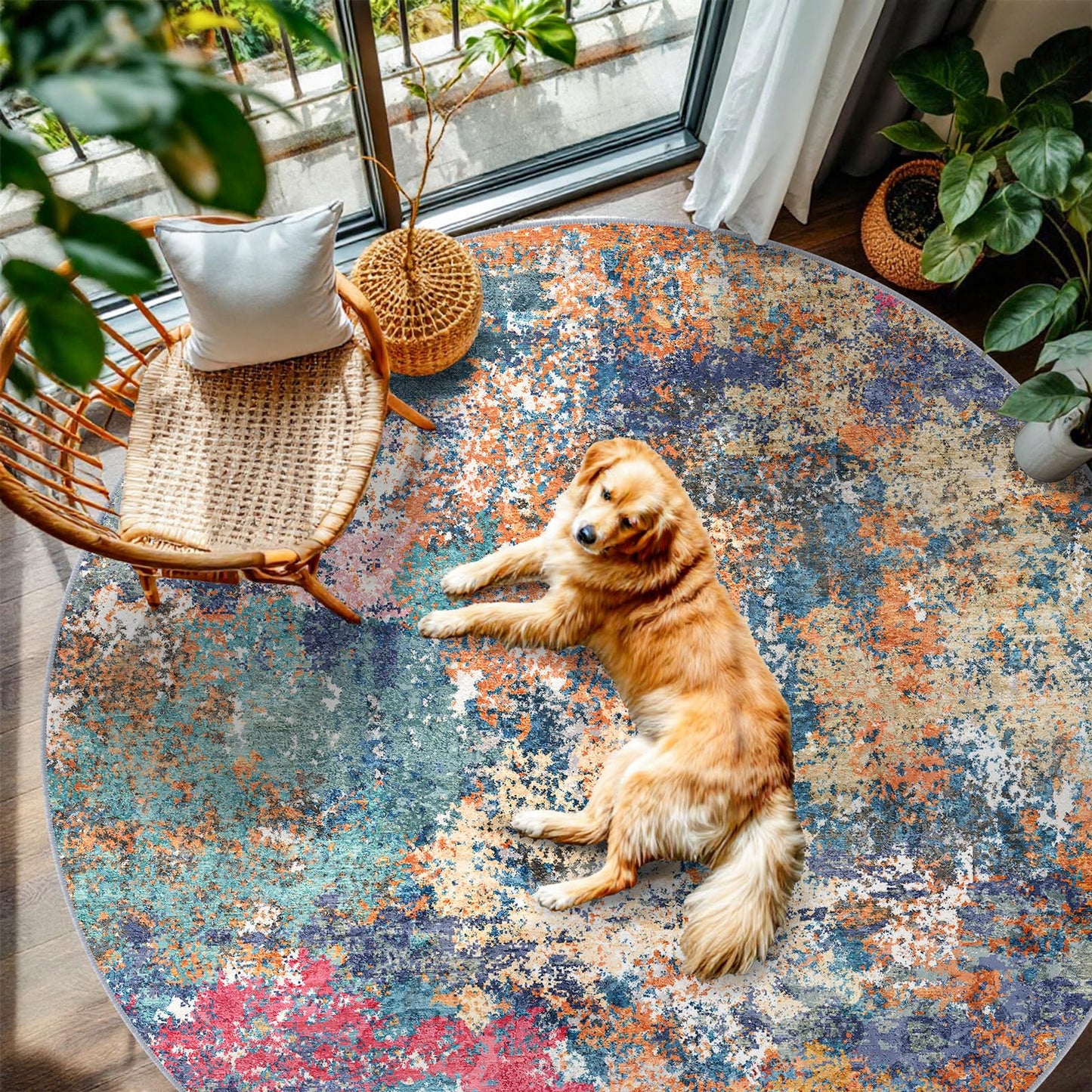 RUUGME Abstract 6ft Round Rug - Large Washable Rugs for Living Room Abstract Colorful Rug Indoor Non Slip Low Pile Carpet Bedroom Soft Foldable Stain Resistant Distressed Thin Mat 6ft Colorful/Multi