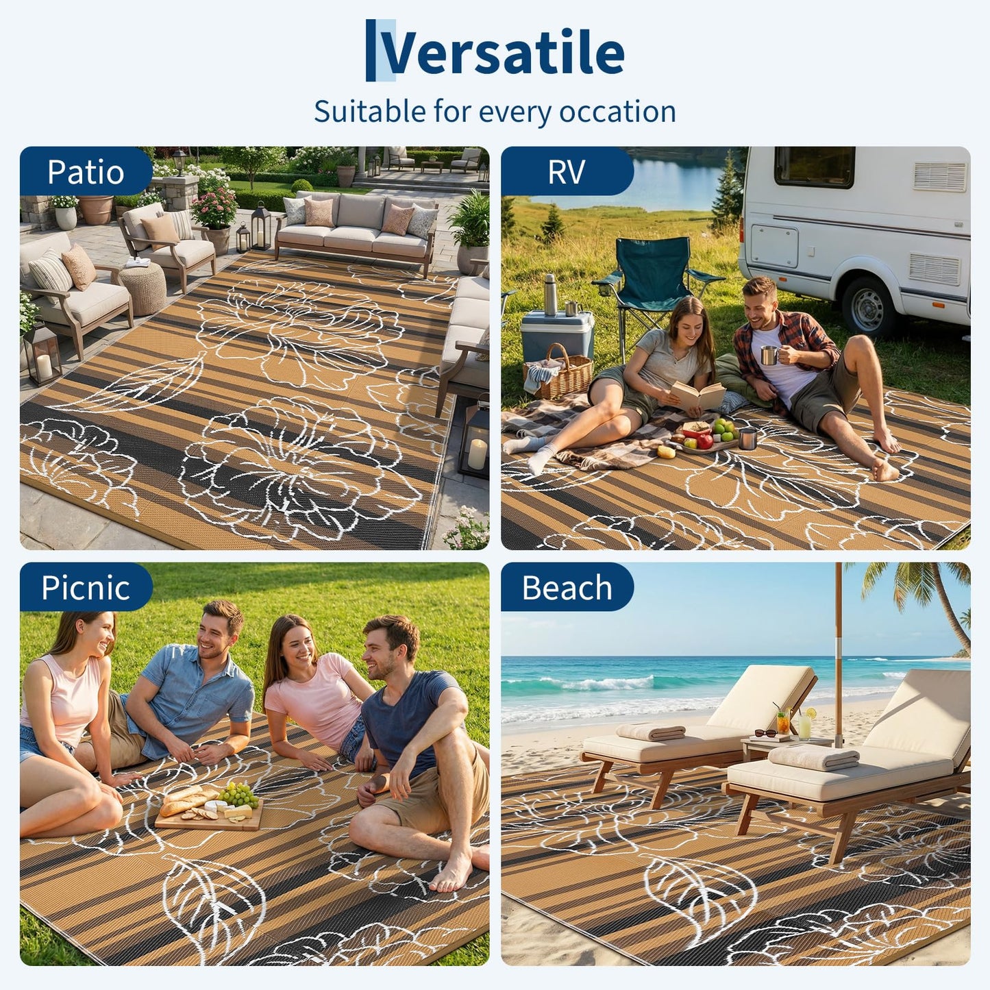 Garvee 5x8 Outdoor Waterproof Rug, Floral Outdoor Area Rug，Reversible Plastic Straw Patio Rug, Portable Camping Mat for RV, Picnic, Beach, Balcony, Garden & Camping Black&Brown