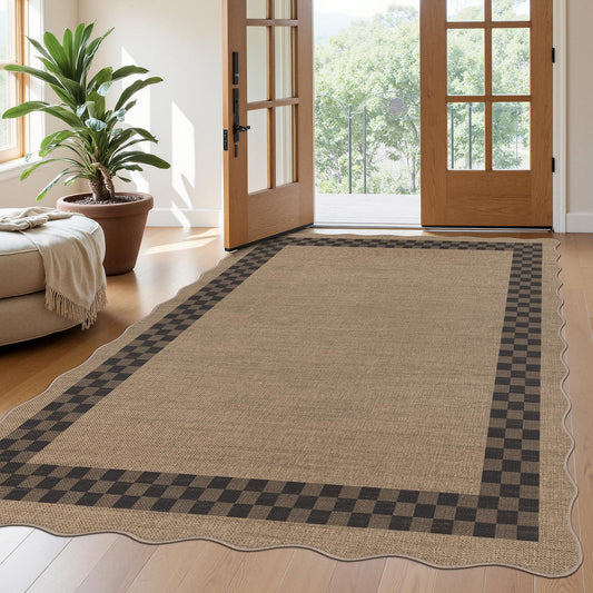 U'Artlines Easy Jute Checkered Area Rug 5x7, Washable Non Slip Indoor Outdoor Rug, Low Pile Non Shedding Farmhouse Carpet for Entryway Patio Backyard Kitchen Living Room Bedroom (Checked)