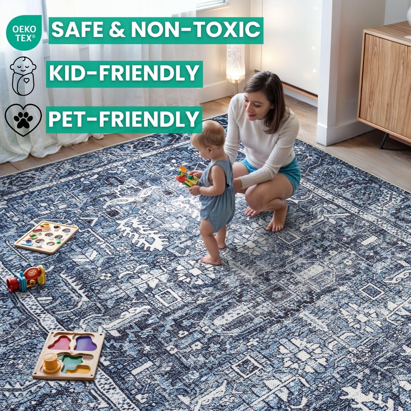 Bloom Rugs Washable Non-Slip 5' x 7' Rug - Blue Traditional Area Rug for Living Room, Bedroom, Dining Room, and Kitchen - Exact Size: 5' x 7'