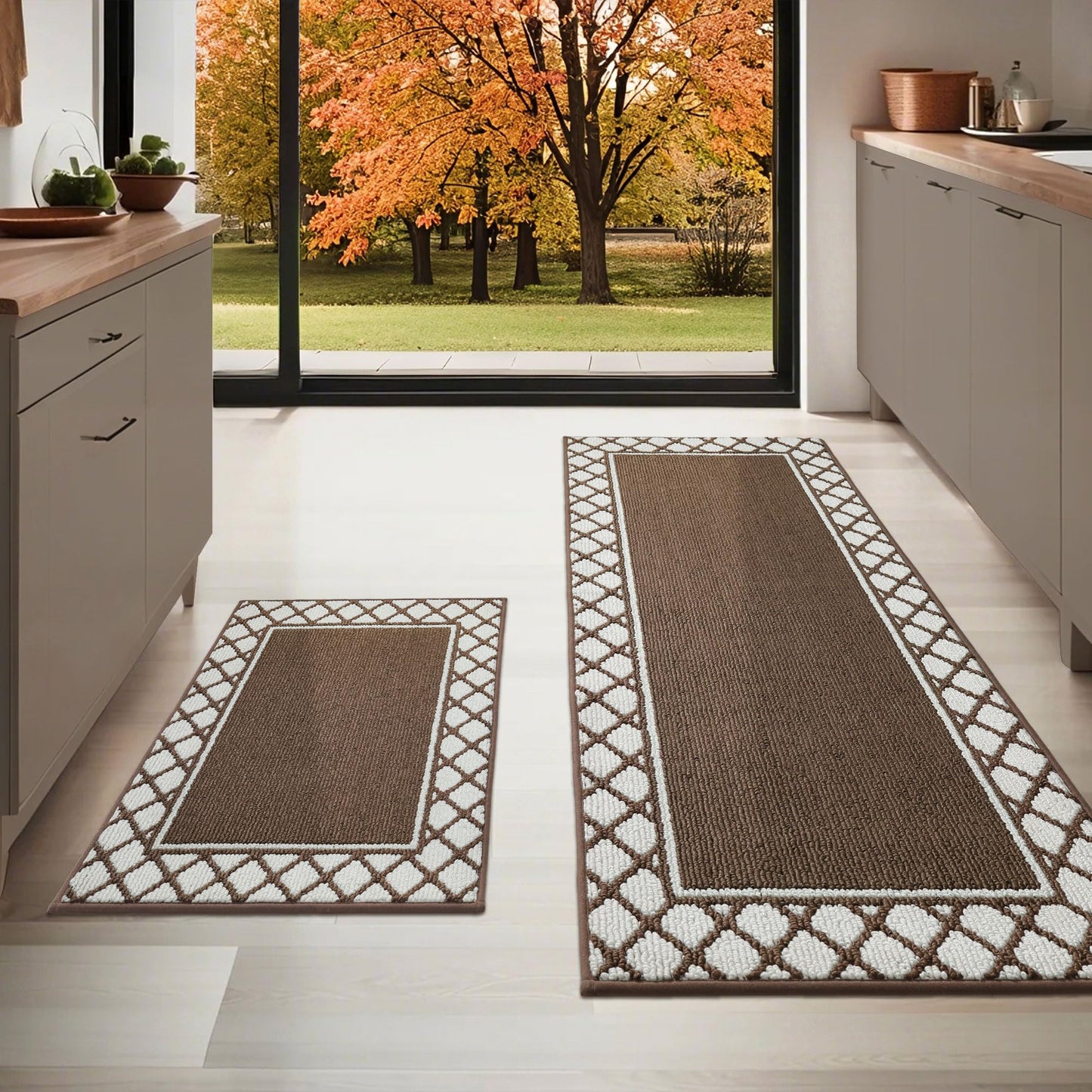 COSY HOMEER Washable Kitchen Rugs Sets of 2 Non-Slip Kitchen Mats,Browm