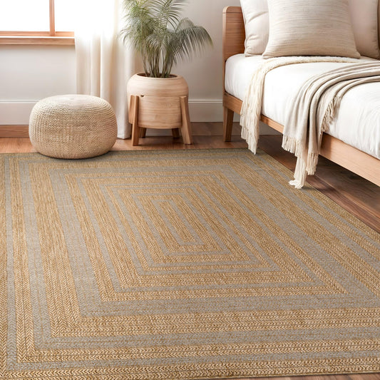 Beverly Rug Easy Jute Framed Border Rug 9x12 Washable Large Indoor Outdoor Area Rugs for Living Dining Room Patio Office Stain Resistant Non Shedding Casual Indoor Outside Carpet 9 x 12 Natural