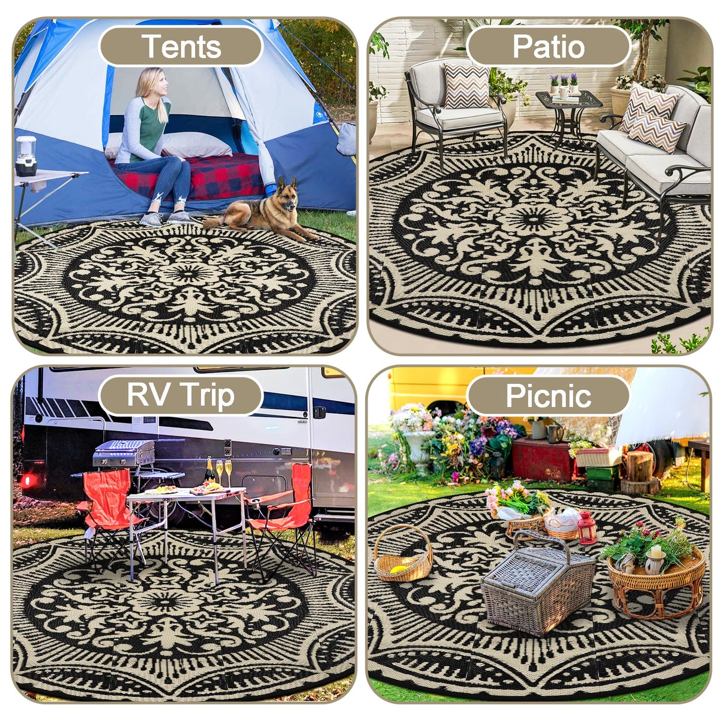 Capslpad 6x6 Floral Outdoor Rug for Patio Clearance Reversible Mat Round Portable Plastic Straw Carpet Waterproof Boho Outside Area Rug for RV Camping Picnic Tent Balcony Beach Deck, Black and Brown