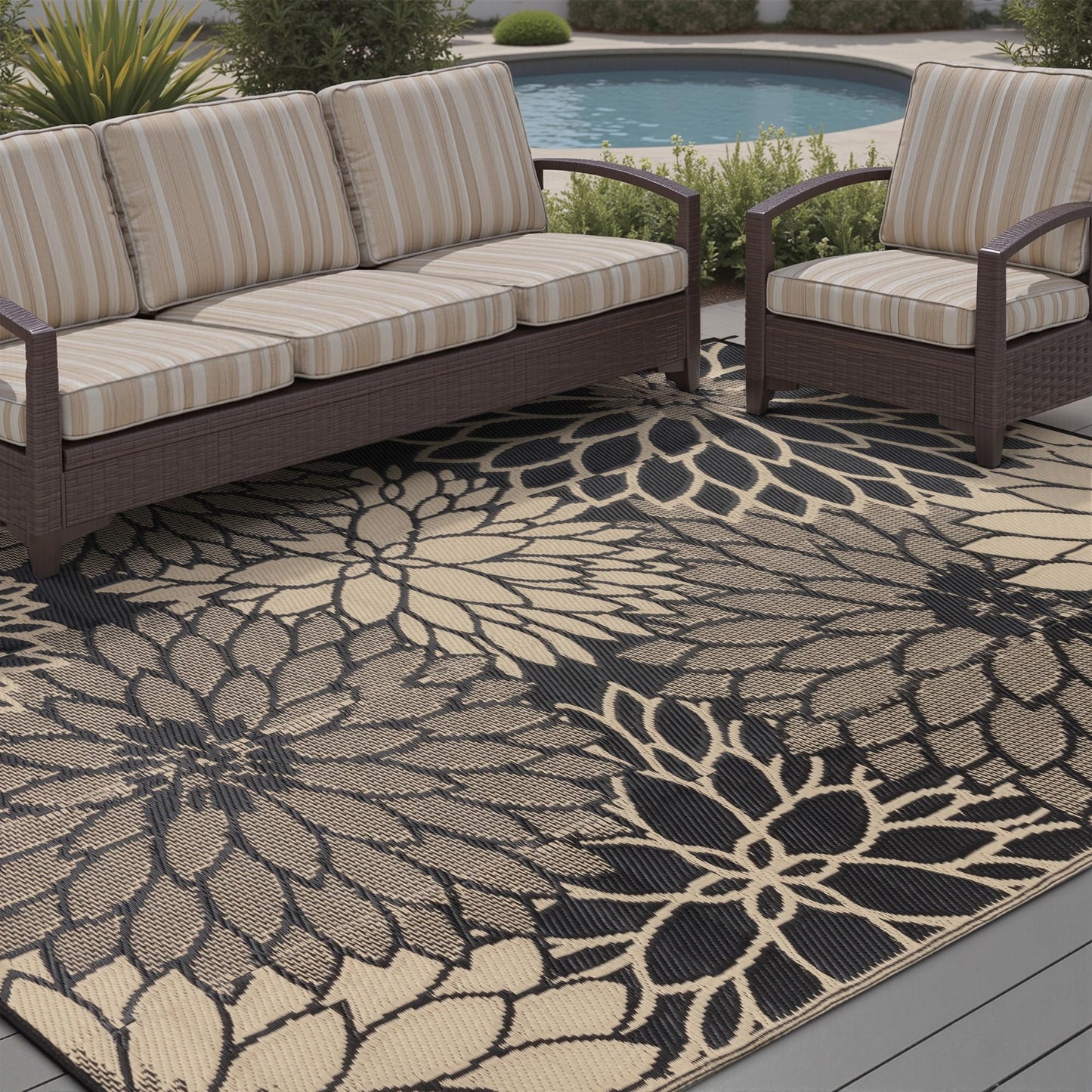 HUGEAR 5'x8' Outdoor Rug Waterproof Plastic Straw Rugs Brown Reversible Floral Mat Floor Carpet for Camping RV Deck Entryance Porch Picnic Balcony Beach Backyard