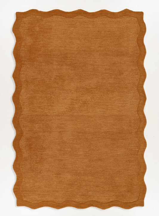 Restoration and Renovation Scalloped Hand-Tufted Wool Area Rug 5' x 8' – Thick, Soft, Plain Textured Carpet for Living Room, Bedroom, – Wavy Edge Accent Rugs with Cotton Backing – Burnt Orange
