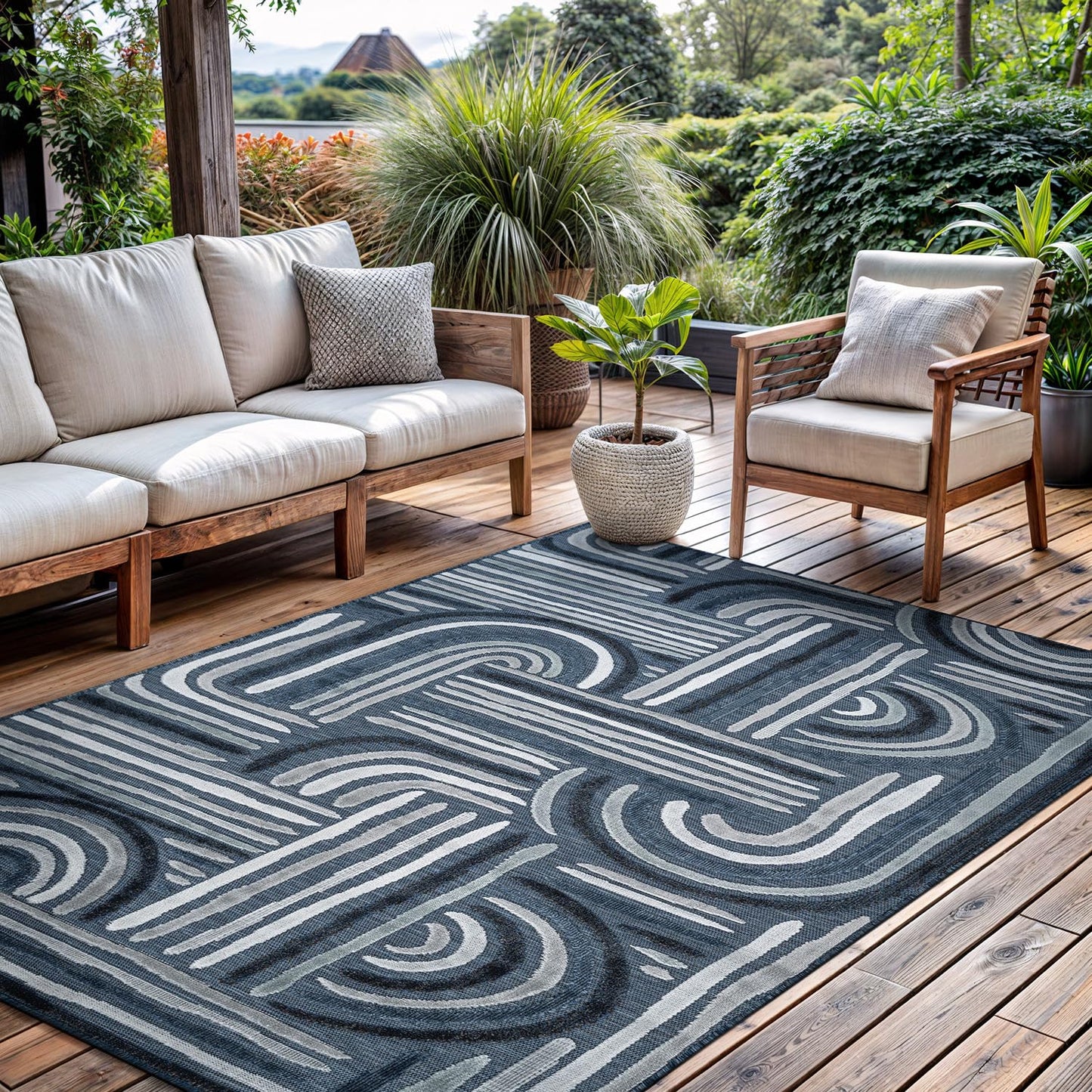 CAMILSON Indoor Outdoor Rug, Navy Blue 6x9 Geometric Arch Striped Area Rugs for Patio and Home Areas, Easy-Cleaning Non-Shedding Living Room, Garden and Deck Washable Outside Carpet (6 x 9)