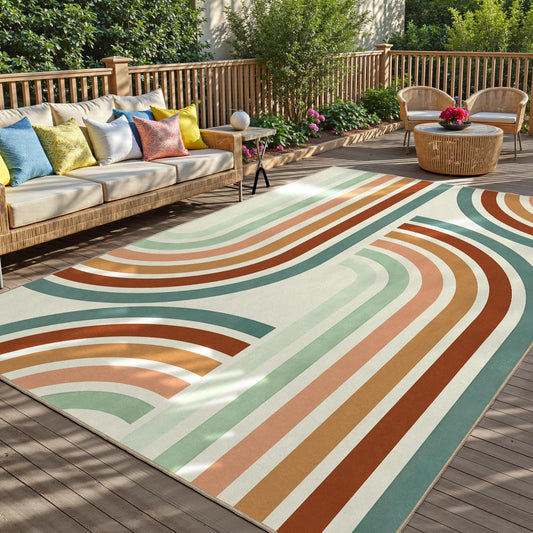 Indoor Outdoor Area Rug, Mid Century Modern Multicolored Outdoor Patio Rug,Washable Abstract Art Rainbow Rugs Non-Slip Carpet for Camping, Bedroom, Deck(5x8)