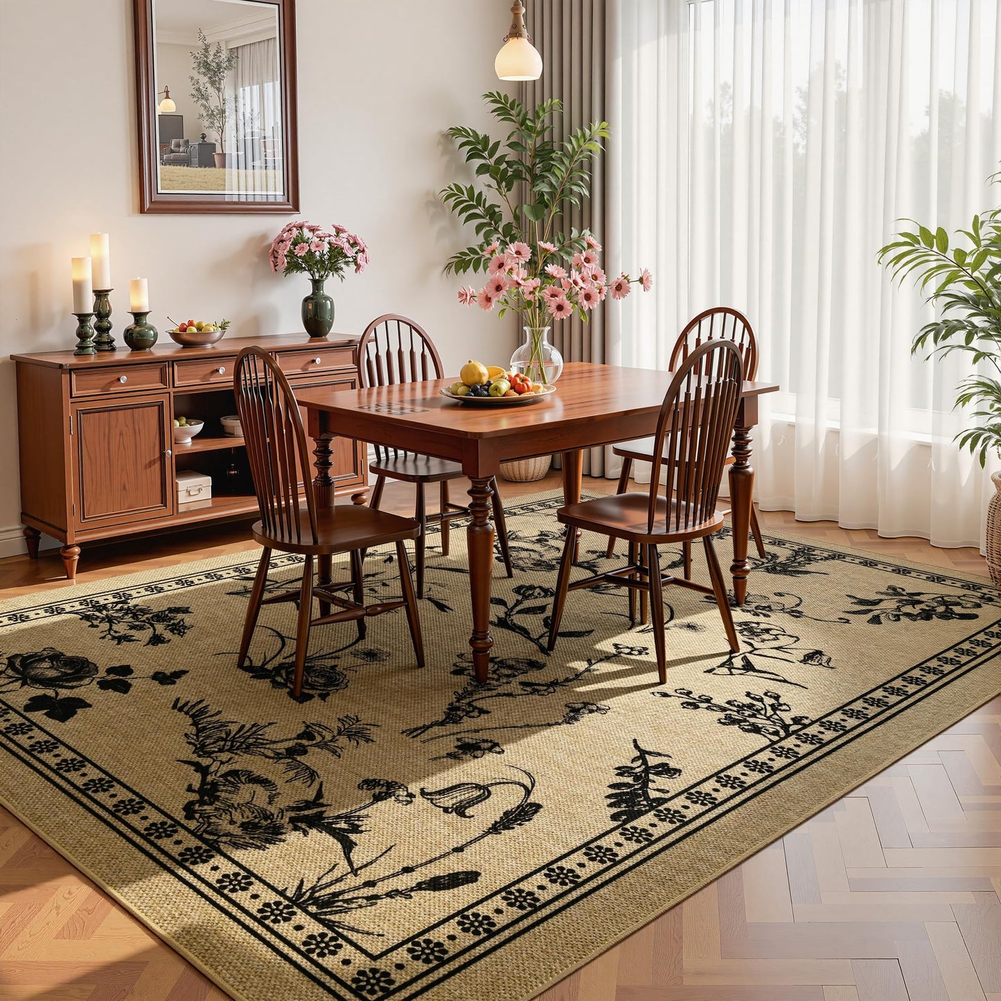 FALARK Easy Jute Area Rugs for Living Room, 5x7 Beige Botanical Sketch Thin Washable Rug, Non Slip Backing Indoor Outdoor Carpet for Bedroom Kitchen Office Backyard Patio Kids Room