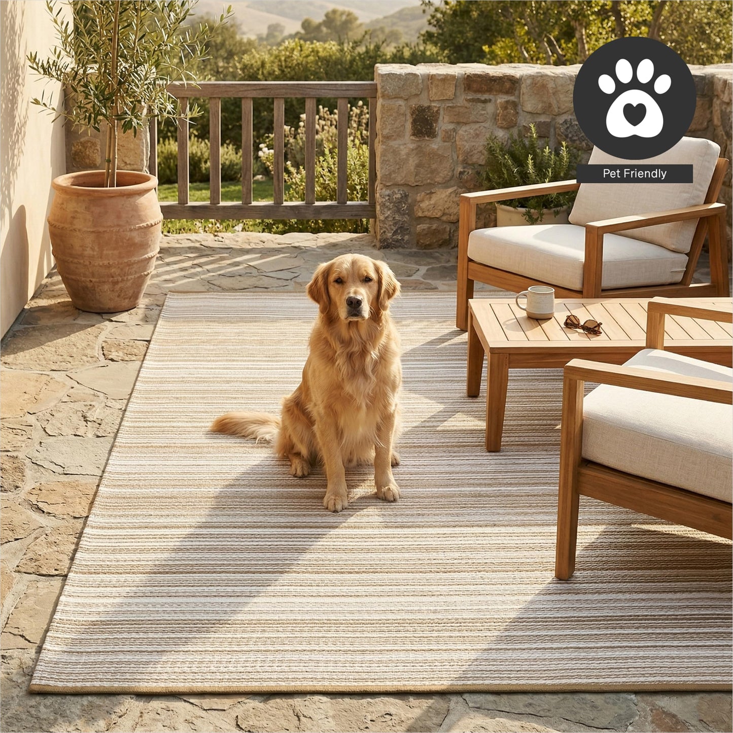 FH Home Outdoor Rug - Waterproof, Fade Resistant, Reversible - Premium Recycled Plastic - Striped - Patio, Deck, Porch, Balcony - Havana - Beige Crease Free - 5 x 8 ft