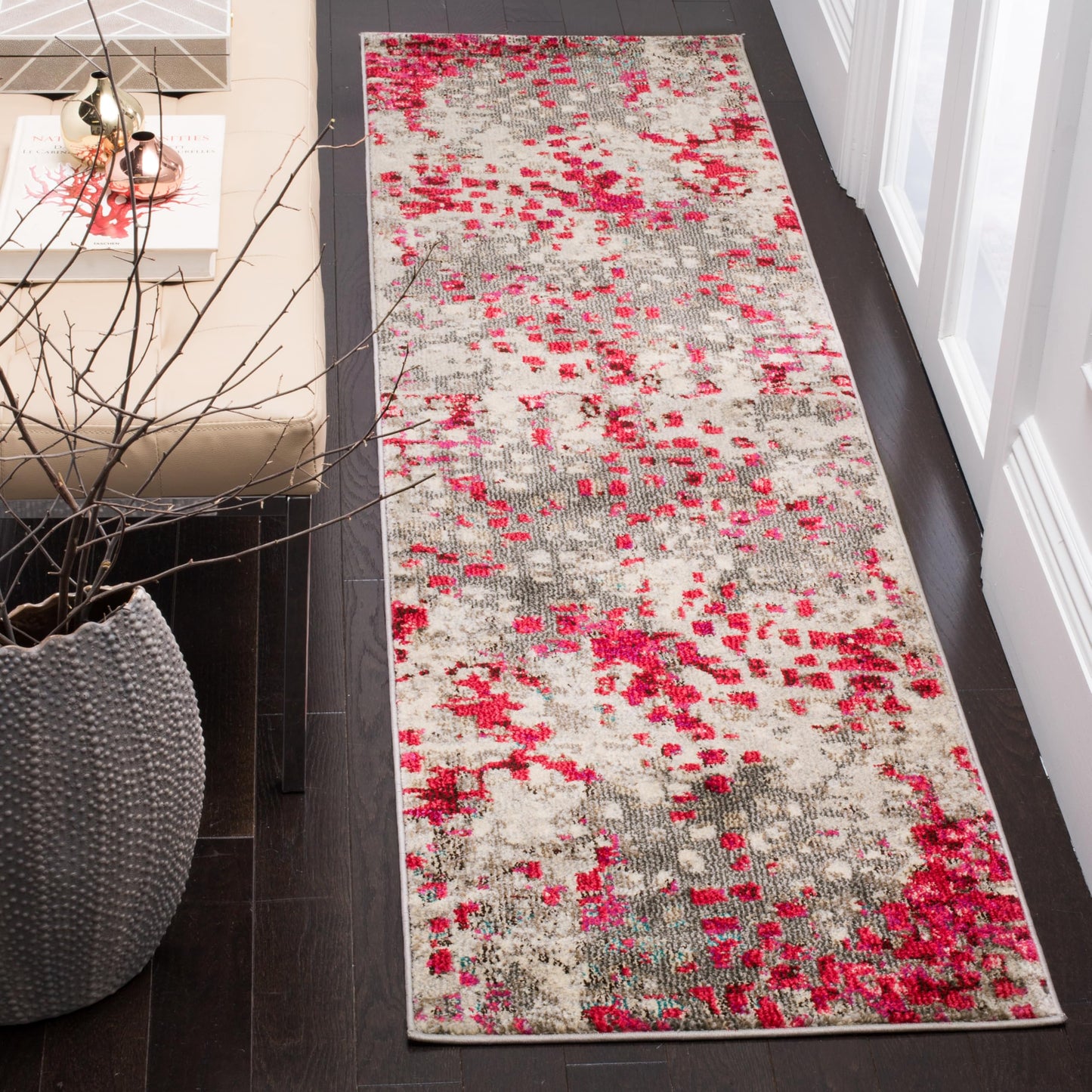 SAFAVIEH Monaco Collection Runner Rug - 2'2" x 8', Grey & Fuchsia, Boho Chic Abstract Watercolor Design, Non-Shedding & Easy Care, Ideal for High Traffic Areas in Living Room, Bedroom (MNC225R)