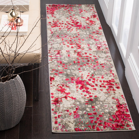 SAFAVIEH Monaco Collection Runner Rug - 2'2" x 8', Grey & Fuchsia, Boho Chic Abstract Watercolor Design, Non-Shedding & Easy Care, Ideal for High Traffic Areas in Living Room, Bedroom (MNC225R)
