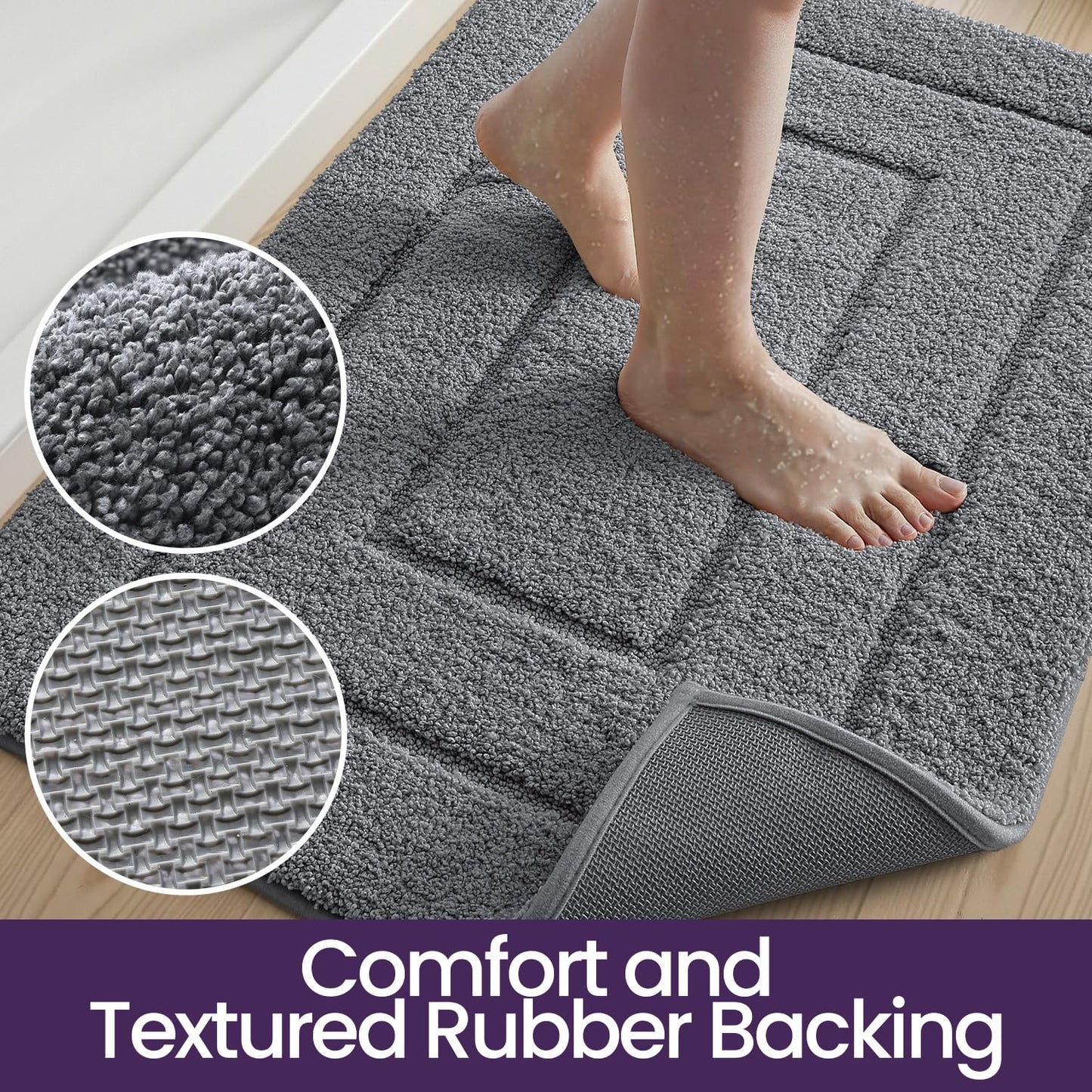 DEXI Bathroom Rug 43x24, Non Slip Washable Bath Mat for Shower Floor, Extra Large Absorbent Soft Bathmat with Rubber Backing, Quick Dry Microfiber Carpet, Grey
