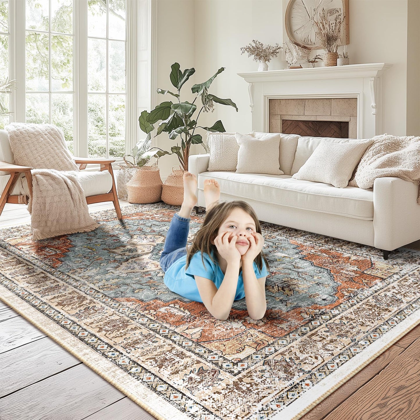 BESTSWEETIE 5x7 Area Rug Washable Rugs for Living Room, No Pile Boho Carpet for Entryway Bedroom Dinning Room, Vintage Carpet Print Distressed Non-Slip, 5 x 7 ft, Green Brick Rust Red