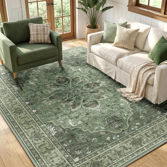 RELEANY Area Rugs 5'x7' Washable Non-Slip, Floral Vintage Distress Medallion Carpet for Living Room Bedroom Dining Room, Dark Green Gray