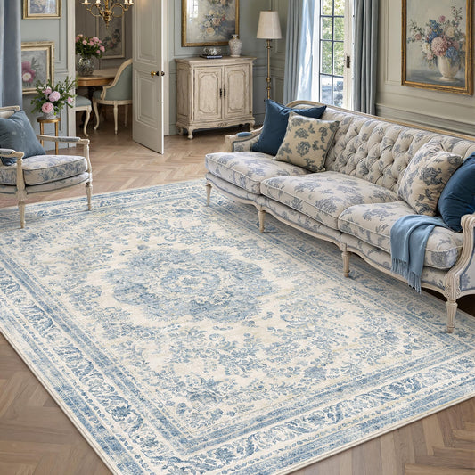 HUGEAR 5x7 Blue Area Rug Machine Washable Rug Room Decor Vintage Distressed Living Room Rugs Low Pile Mats Non Slip Soft Carpet for Bedroom Office Dining Room Lightweight