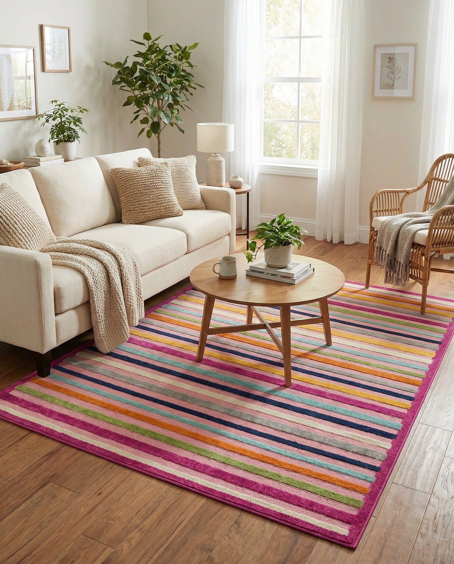Rugs.com - Aruba Outdoor Rug – 5' 3 x 8' Pink Washable Indoor/Outdoor Rug – Bohemian Striped Pattern for Patios, Decks, and Playrooms