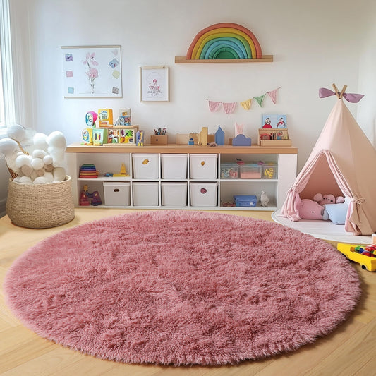 ONASAR Blush Round Rugs 6ft for Living Room Bedroom, Fluffy Circle Area Rug for Kids Girls Boys Teen, Soft Plush Shaggy Carpet for Nursery Dorm Classroom Playroom Home Decor Aesthetic