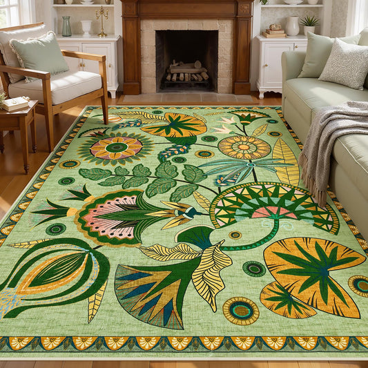 Joydeco Egypt Floral Boho Living Room Area Rug 6x9, Sage Green Washable Area Rug for Bedroom Dining Room Table, Non Slip Vintage Indoor Throw Carpet for Playroom Nursery Dorm Classroom, Green