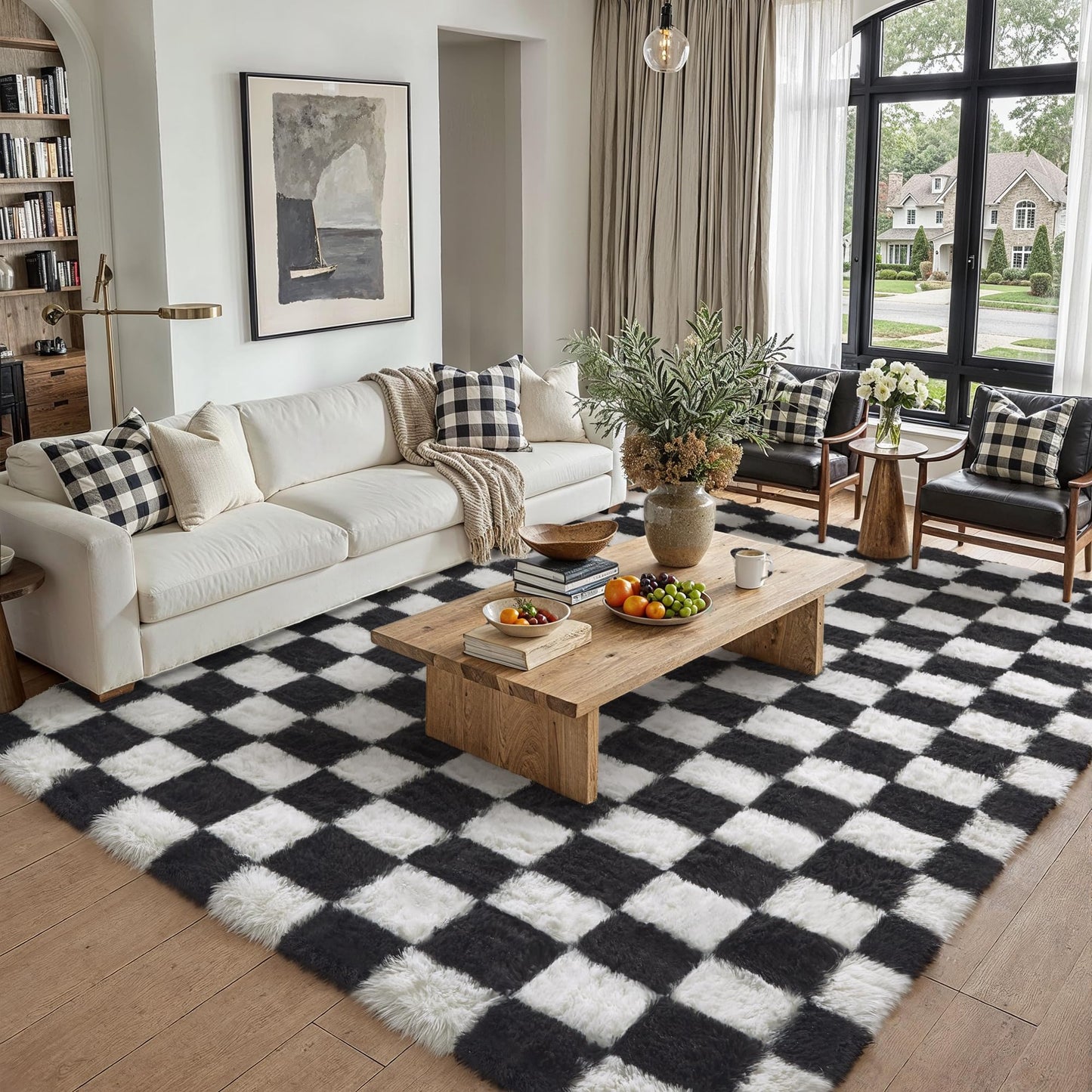 PureCozy Checkered Rug 5x8 for Living Room, Black and White Modern Shag Rugs Super Soft Washable Indoor Office Fuzzy Carpet Non-Slip Fluffy Rugs for Bedroom Home Aesthetic Decor