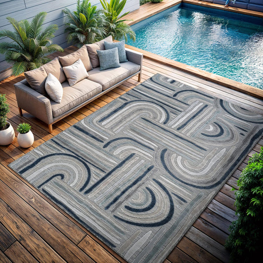 CAMILSON Indoor Outdoor Rug, Blue 9x12 Geometric Arch Striped Large Area Rugs for Patio and Home Areas, Easy-Cleaning Non-Shedding Living Room, Garden and Deck Washable Outside Carpet (9 x 12)