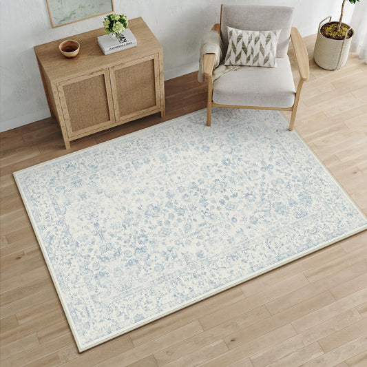 PureCozy 3x5 Blue Area Rug Non Slip Vintage Office Entryway Rug Distressed Machine Washable Kitchen Carpet Traditional Retro Floral Accent Throw Door Mat for Bedroom Bathroom Dining Living Room
