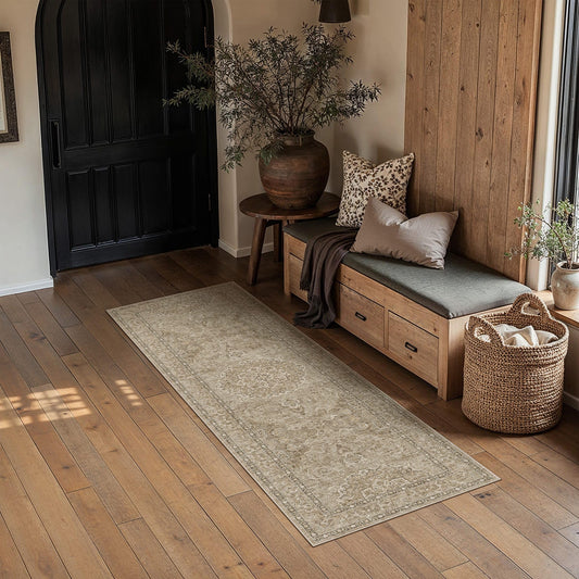 HUGEAR Hallway 2x6 Runner Rugs Machine Washable Rugs Vintage Brown Non-Shedding Low Pile Persia Throw Carpet Non Slip for Living Room Bedroom Dining Room Kitchen Office Home Decor