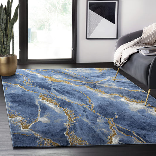 Abani Contemporary Blue & Metallic Gold 4' x 6' Area Rug, Non-Shed Modern Rugs Marble Print Dining Room Rug
