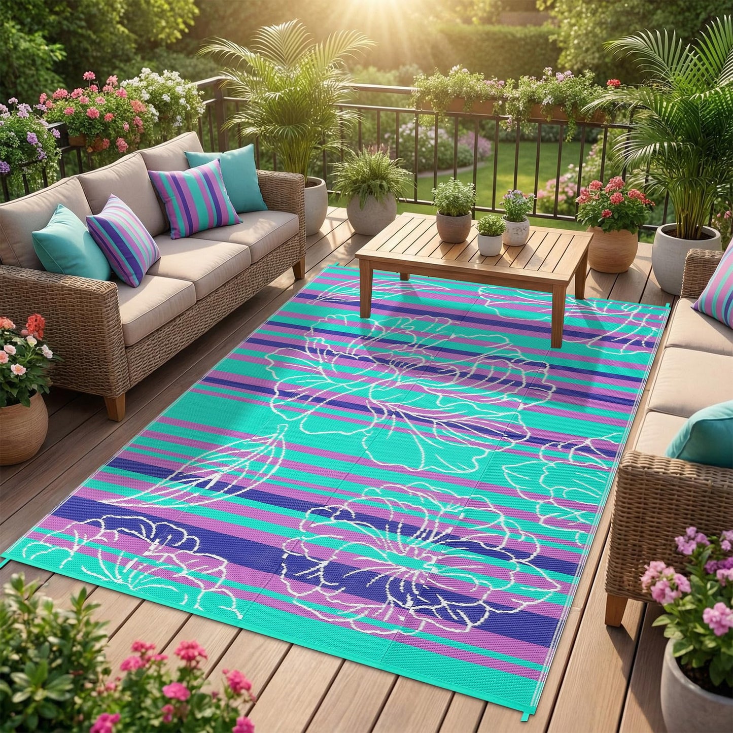 Garvee 5x8 Outdoor Waterproof Rug, Floral Outdoor Area Rug，Reversible Plastic Straw Patio Rug, Portable Camping Mat for RV, Picnic, Beach, Balcony, Garden & Camping Purple&Blue