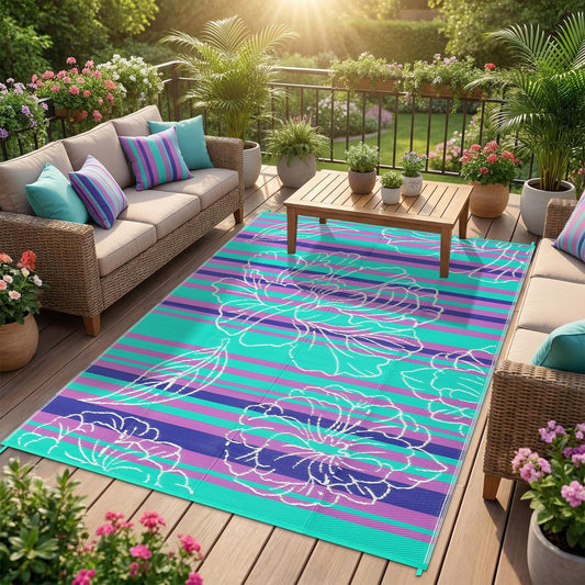 Garvee 5x8 Outdoor Waterproof Rug, Floral Outdoor Area Rug，Reversible Plastic Straw Patio Rug, Portable Camping Mat for RV, Picnic, Beach, Balcony, Garden & Camping Purple&Blue