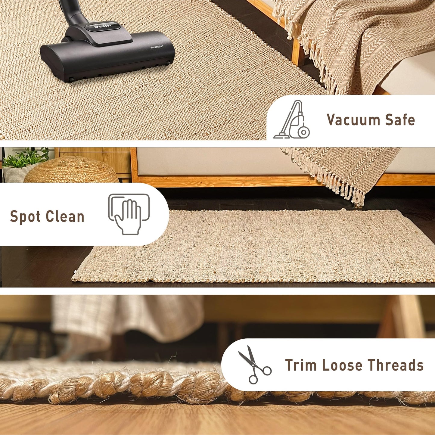 Chardin home 2x5 Jute Cotton Hand Woven Runner Rug, Natural Jute Braided Hallway mat, Boho, Rustic, Farmhouse, Vintage, Reversible Natural Fiber Rugs for Bedroom, Living Room, Kitchen,entryway