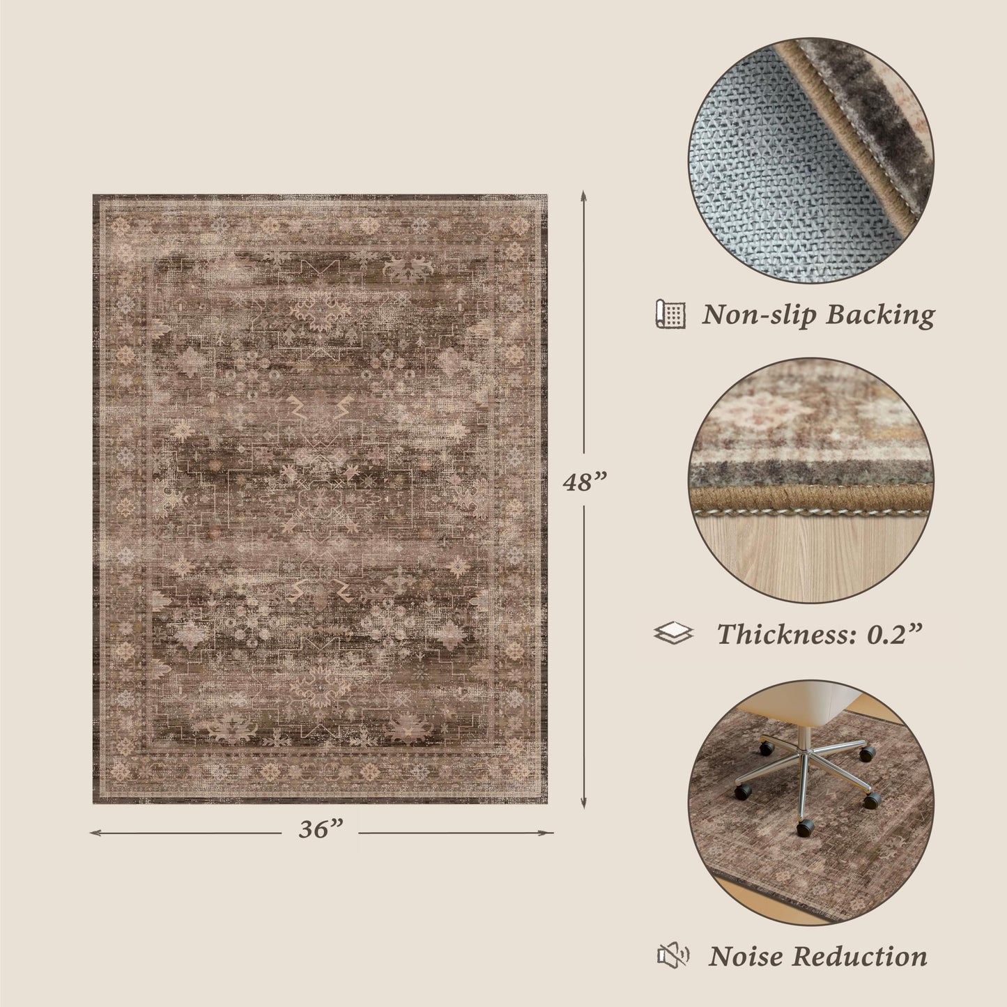 Office Chair Mat for Hardwood Floors, Brown Boho Desk Chair Rug, Low Pile Floor Protector for Rolling Office & Gaming Chairs, Non-Slip Washable Rug for Tile, Laminate, Home Office, 36" x 48"
