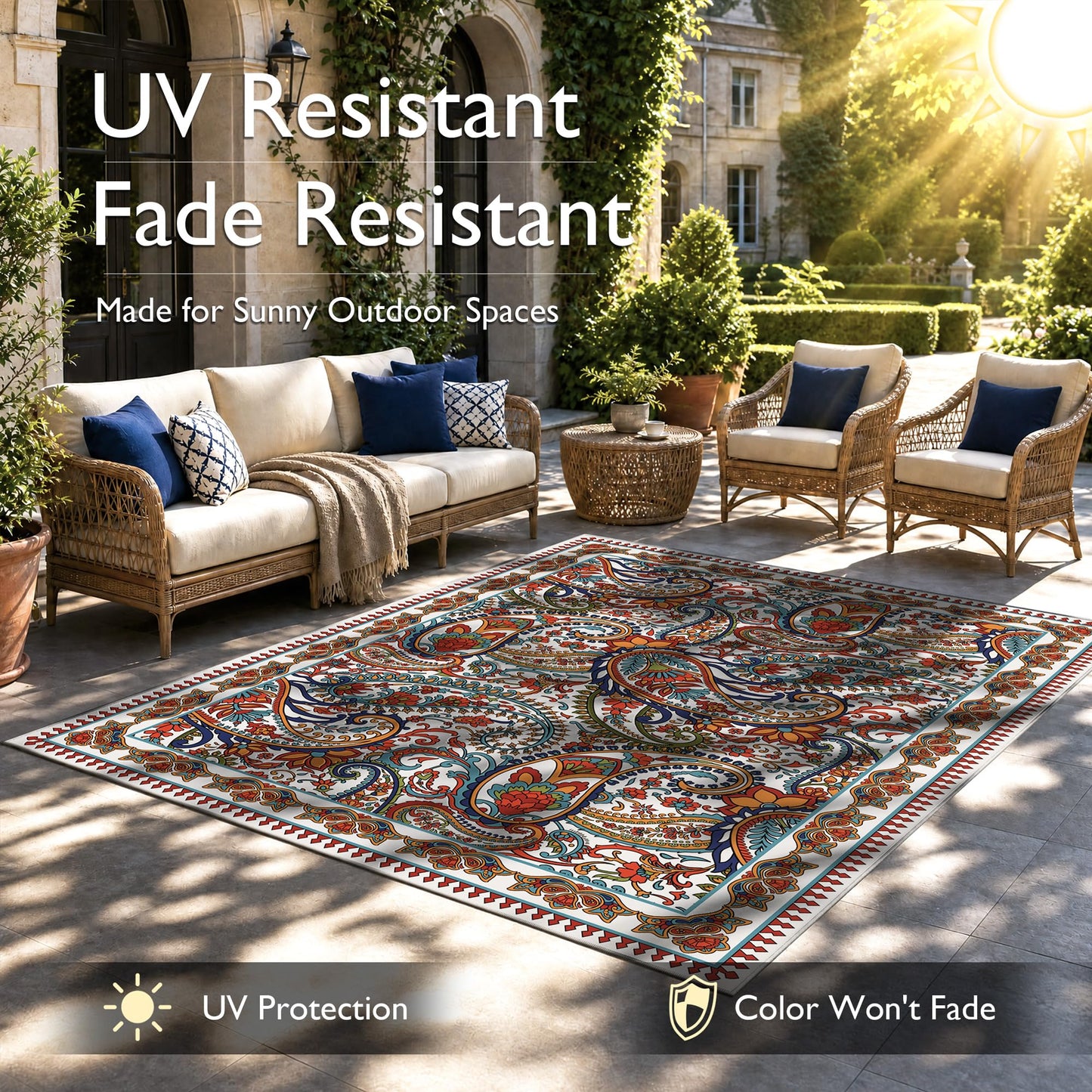 Arenarug Paisley Outdoor Rug Waterproof 8x10, UV Resistant Non Slip Patio Rug, Indoor Outdoor Boho Camping Rug Linen-Look RV Carpet for Deck Balcony Backyard, White Multi
