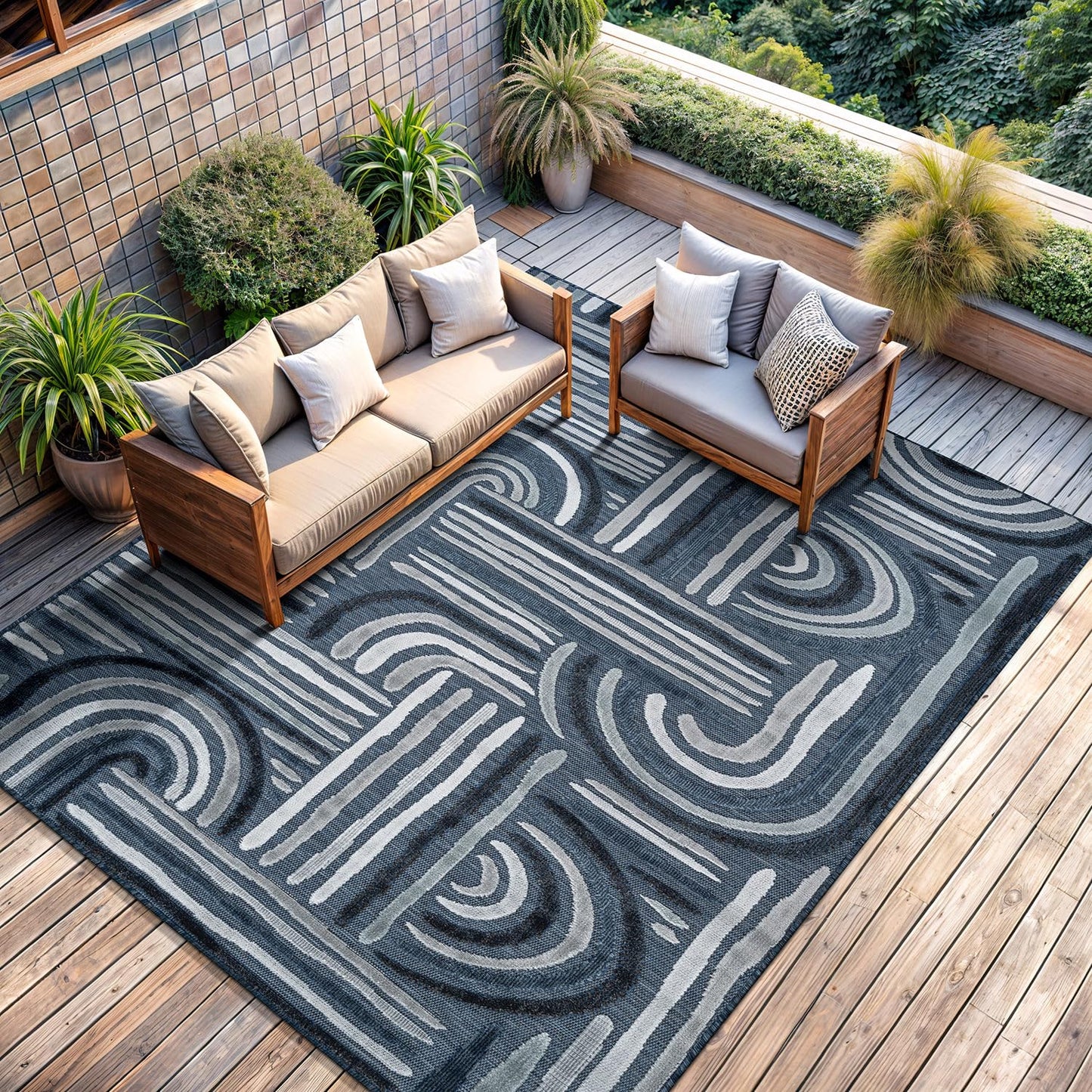 CAMILSON Indoor Outdoor Rug, Navy Blue 10x14 Geometric Arch Striped Large Area Rugs for Patio and Home Areas, Easy-Cleaning Non-Shedding Living Room, Garden and Deck Washable Outside Carpet 10 x 14