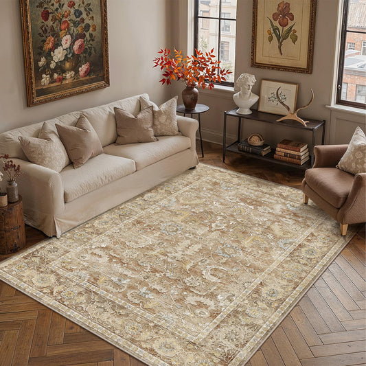 Berthmeer Washable Rugs 5x7 for Living Room Low Pile Stain Resistance Thin Vintage Distressed Area Rug Non Slip Carpet for Bedroom, Dining Room, Office Home Decor Beige Brown
