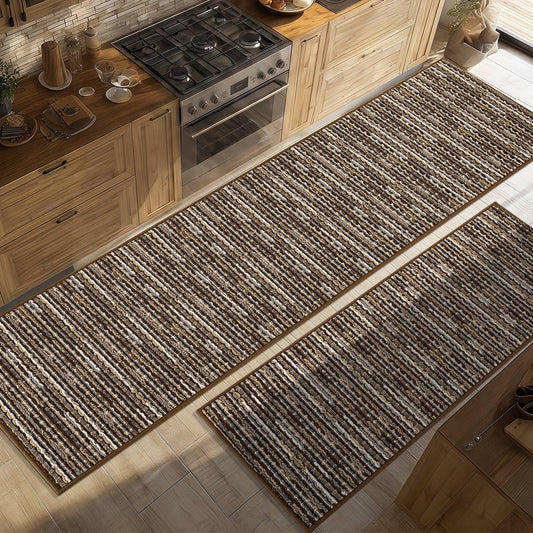 Kitchen Rugs Sets of 2-Non Slip Kitchen Mats for Floor-Thick Stain Resistant Vintage Kitchen Floor Mat Runner Carpet for Hallways Entryway Laundry Room Washable（Brown 24"x79"+20"x47"）
