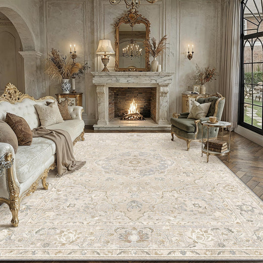 WondRg 8x10 Beige Area Rug Washable Vintage Carpet for Living Room Low Pile Non Slip Soft Distressed Durable Bedroom Throw Rug Dining Room Indoor Home Decor